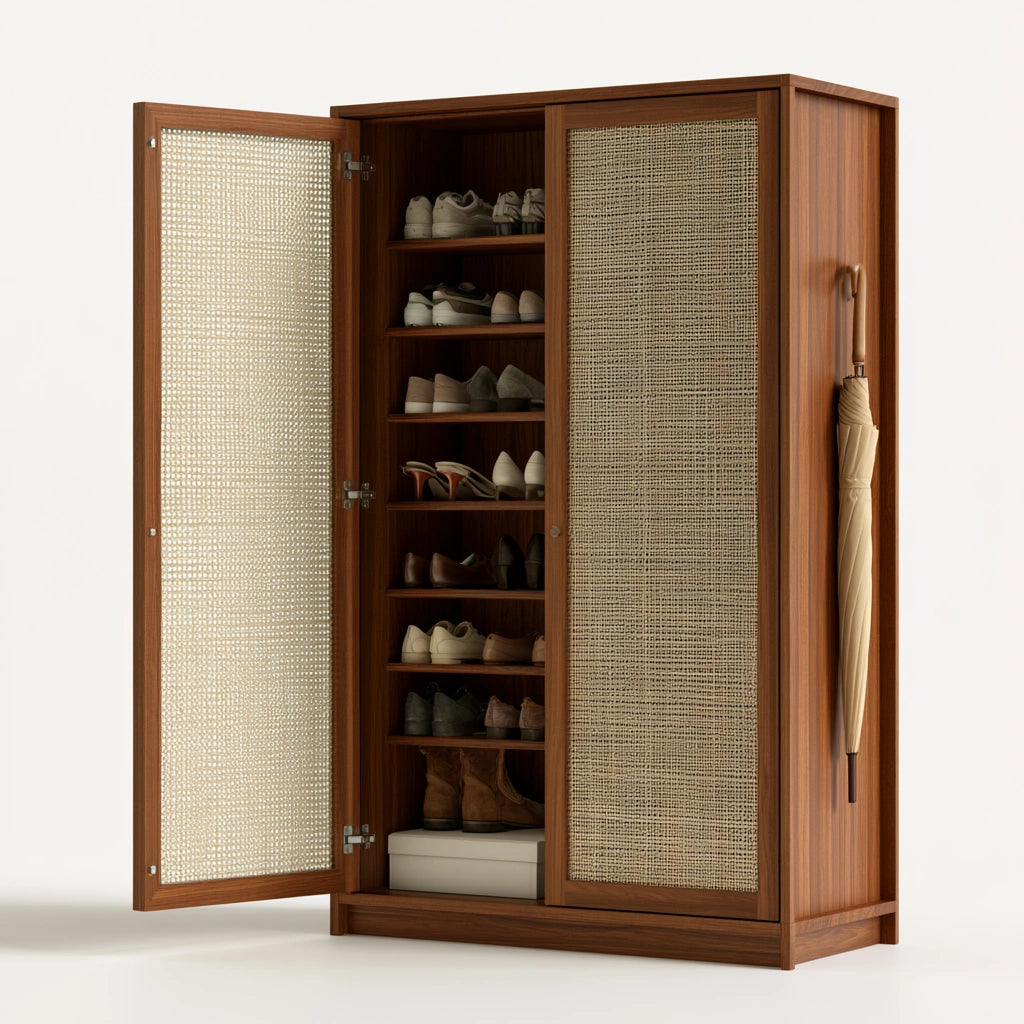 Wooden shoe cabinet with two doors and woven rattan panels in natural brown, by franexo, showcasing stylish storage furniture.