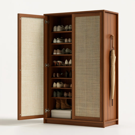 Wooden shoe cabinet with two doors and woven rattan panels in natural brown, by franexo, showcasing stylish storage furniture.