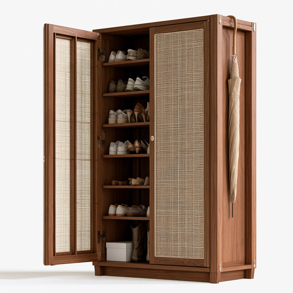 Meuble à chaussures en bois et rotin à deux portes, coloris brun naturel