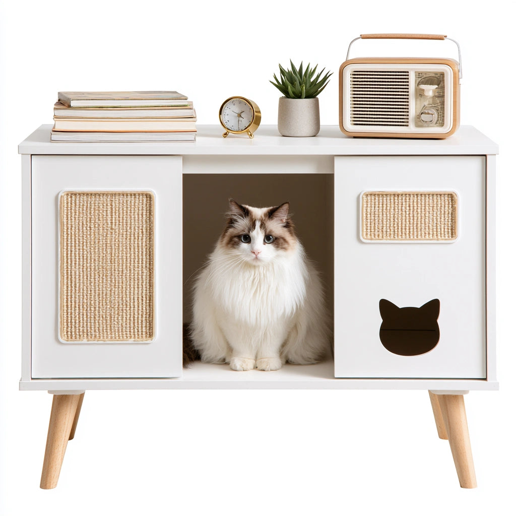 Meuble discret pour litière de chat en bois, coloris blanc